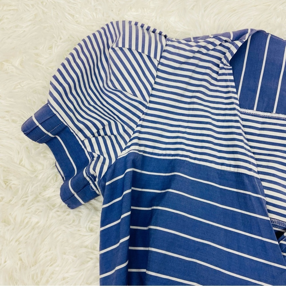 NEW YORK & COMPANY navy & white striped tie waist wrap puff sleeve blouse SZ S - Picture 4 of 14